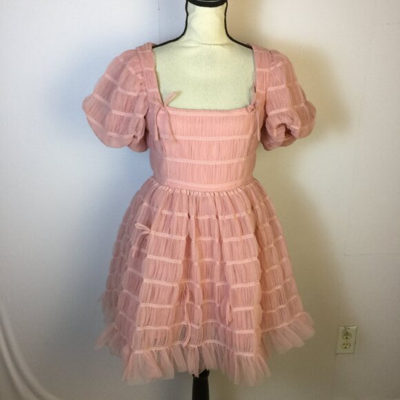Lulus Dresses & Skirts - Lulus Utterly Adored Mini Dress Sz S Womans Pink Tulle Textured Puff Sleeve Bow